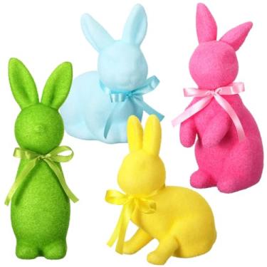 Imagem de Wesiti 4 Pcs Cute Easter Decorations Flocked Bunnies Figurine with Bow Tie Spring Decorations Flocking Rabbit Tabletop Ornament Solid Color Easter Bunny Statue Tiered Tray Decor Home Decor