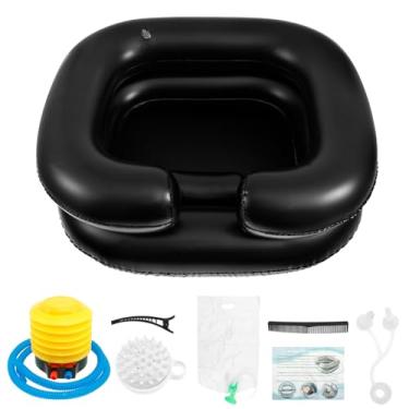 Imagem de UKQRRTC Bacia de xampu inflável, tigela de xampu dobrável portátil com bolsa de água e pente, confortável de usar, para feridas, lavatório de cabelo para mulheres grávidas (preto)