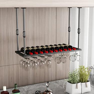 Imagem de THGYJP Rack de vinho suspenso - preto, metal, suporte de vinho de teto, suporte de copos de vinho de cabeça para baixo, prateleira de vidro de taças sob o armário, preto fosco (tamanho: 60 cm x 30 cm)