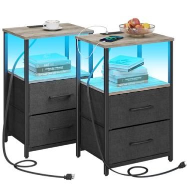 Imagem de TUTOTAK Mesa de canto LED com estação de carregamento, mesa de cabeceira com gaveta de pano, mesa lateral com 1 porta USB e 1 porta tipo C, conjunto de 2, mesa de sofá, Greige TB01BG052L