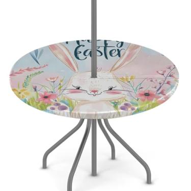 Imagem de hongjinglin Toalha de mesa de Páscoa para uso ao ar livre com orifício para guarda-chuva, toalha de mesa redonda elástica com zíper, impermeável, limpável, para piquenique, festa, pátio, serve para