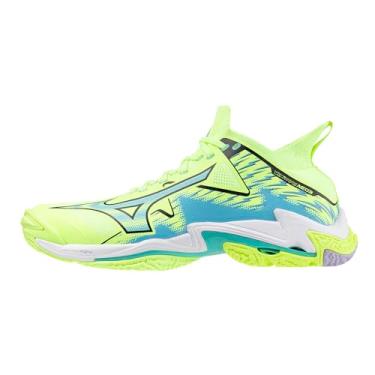 Imagem de Mizuno Tênis de vôlei unissex Wave Lightning Neo 3, Neo Lime/Misty Blue, 7.5 Wide Women/6 Men