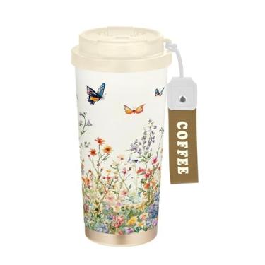 Imagem de SEHANY Caneca de viagem borboleta e flores de 482 ml Copos de café reutilizáveis revestidos de cerâmica com tampa à prova de vazamento, parede dupla, isolamento a vácuo, copo de café de aço inoxidável