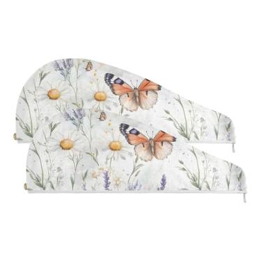 Imagem de SEHANY Toalha de cabelo de microfibra de flores coloridas elegantes para mulheres, 2 peças, turbantes de cabelo de secagem rápida com botão, touca de cabelo seco absorvente toalha de secagem de cabelo
