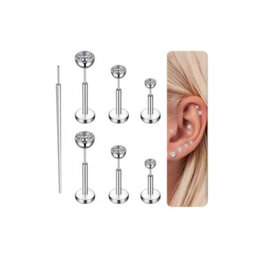 Imagem de Gotumo 18G Brincos de titânio com costas planas piercing de nariz tragus labret cartilagem lábio medusa concha piercing corporal hipoalergênico para mulheres homens prata (W)