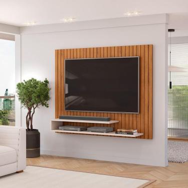 Imagem de Painel Ripado Para Tv Até 55 Polegadas Com Prateleiras Ripe Freijó/off White - Dj Móveis