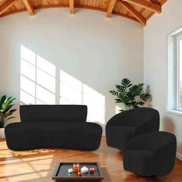 Imagem de Kit Recamier Curvo Amsterdã 120cm E 2 Poltronas Amore Luxo Bouclé Cor Preto