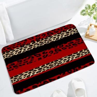 Imagem de Tapete de banho com estampa de leopardo, listras vermelhas e pretas, estampa de pele de guepardo, africano, animal selvagem, patchwork, arte abstrata, moderna, tapete de banheiro