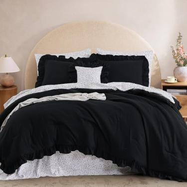 Imagem de BLOOMHAVEN Conjunto de edredom completo - Conjunto de cama preto com babados, cama de fazenda chique gasto em uma bolsa completa com edredom de babados, lençóis florais, fronhas e fronhas