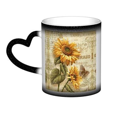 Imagem de Copo de café divertido retrô com girassol, copo de cerâmica com mudança de cor sensível ao calor 12 Oz, para café/chá/leite/cacau, para adolescente/aniversário/festival/presentes