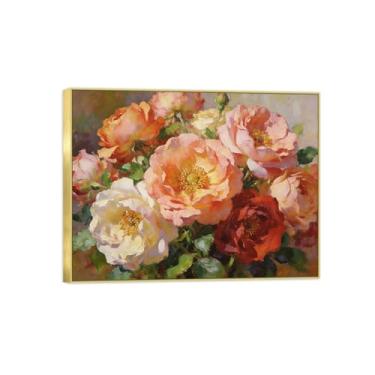 Imagem de BMZFYBS Pintura de arte de parede de flores - imagem de decoração vintage - buquê de flores 5 - impressões em tela moldura dourada para sala de estar 50 x 65 cm 20 x 26 pol