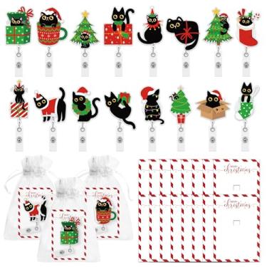 Imagem de CNhoqc Carretéis de crachá de gato de Natal - 16 conjuntos de suportes de identificação de gato preto de Natal com sacos de organza, suporte retrátil de metal acrílico à prova d'água para médico