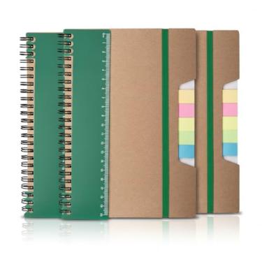 Imagem de Caderno Ecológico com Capa de Papel Kraft, 21x14cm, 70 Folhas Pautadas, Régua Destacável, Sticky Notes Coloridos, Bloco de Anotações, Elástico (3, Verde)