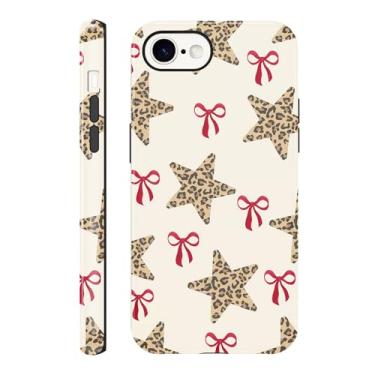 Imagem de Vulfwela Capa de telefone para iPhone 16e de 6,1 polegadas, estampa de leopardo, estrelas e laços vermelhos, fina, resistente a arranhões, à prova de choque, proteção de camada dupla, capa rígida com