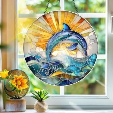 Imagem de Acrílico colorido, apanhador de sol, decoração de janela suspensa de golfinho, arte de parede de arco-íris, para varanda, interior e exterior, jardim, enfeites de Natal, decoração 19 x 19 cm, CH#46