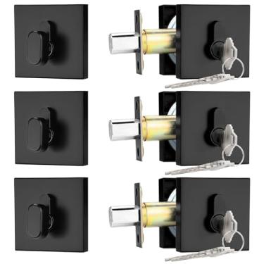 Imagem de Probrico Fechaduras de cilindro único com chave (pacote com 3) Fechaduras de entrada e porta da frente Conjunto quadrado preto com as mesmas chaves, ferragens antifurto para portas internas e externas