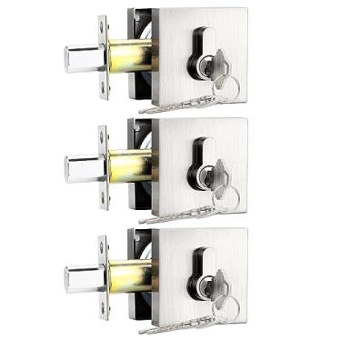 Imagem de Probrico Fechaduras de cilindro duplo com chave (pacote com 3) fechaduras de porta de entrada e porta frontal Conjunto quadrado de níquel escovado com as mesmas chaves, ferragens antifurto para portas