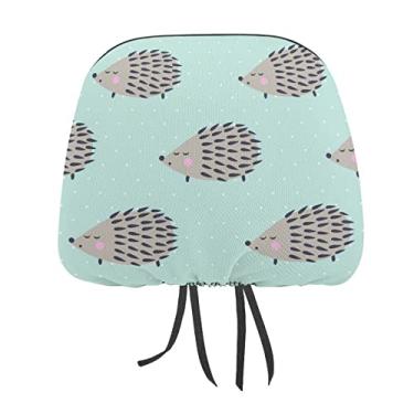 Imagem de Ouriços sem costura em fundo turquesa de bolinhas brancas 2 peças capas protetoras de encosto de cabeça para assento de carro universal, capa macia para encosto de cabeça de carro, acessórios de