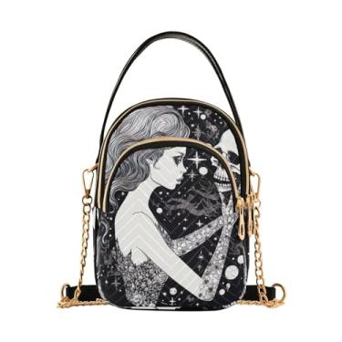 Imagem de GAIGEO Bolsa de ombro colorida Donuts, bolsa tiracolo fashion feminina de viagem, Sereia preta e branca segurando uma caveira - 1, One Size