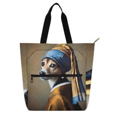 Imagem de GAIGEO Bolsa feminina com estampa de brinco de pérola Regal Dog para mulheres, crianças, escola, trabalho, zíper, bolsa de lona média