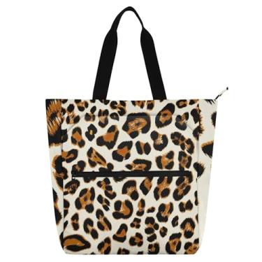 Imagem de GAIGEO Bolsa de ombro de leopardo preto marrom com manchas bege para mulheres crianças amantes de livros reutilizável lona escola trabalho bolsa de ombro com zíper