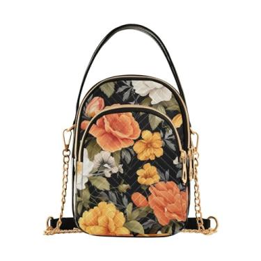 Imagem de Bolsa tiracolo com alça longa floral peônia rosa e verde, bolsa tiracolo feminina, bolsa leve para mulheres, Floral de flores amarelas e laranjas em preto-3, One Size
