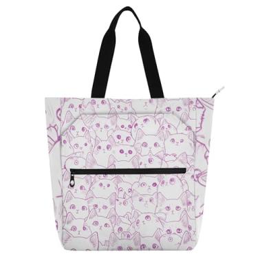 Imagem de GAIGEO Linda bolsa de trabalho feminina com rosto de gato, branca, rosa, bolsa escolar de lona com zíper, bolsa de professor com compartimentos