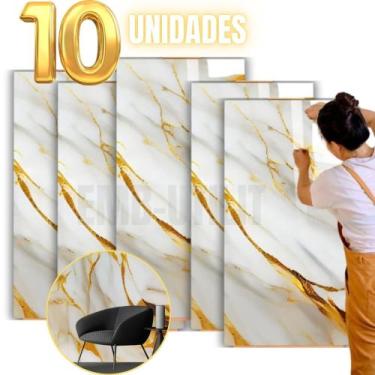 Imagem de 10 Placas Adesivo de Mármore Douradas para Parede Autocolante 60x30cm 