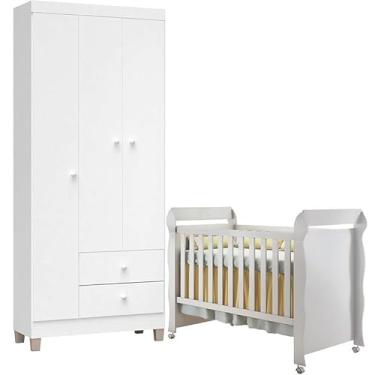 Imagem de Berço Americano Mirelle e Guarda Roupa Ternura Baby 3 Portas Branco Brilho - Incorplac