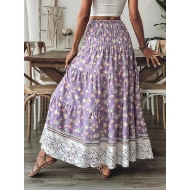 Imagem de Saia maxi floral roxa feminina - saia longa boho em camadas com cintura franzida, Roxa, Large