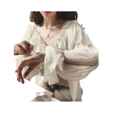 Imagem de Blusa Feminina Boho De Malha Com Decote Em V Transparente Com Babados 