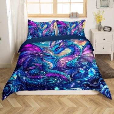 Imagem de Erosebridal Jogo de cama de dragão exótico Queen para meninos, capa de edredom com dragão azul e roxo para crianças, meninas, adolescentes, capa de edredom de animais selvagens misteriosos ocidentais