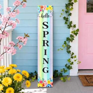 Imagem de Hentonwell Placa vertical de madeira para alpendre Hello Spring, placa rústica para varanda de primavera, placas decorativas para porta da frente, decoração de boas-vindas ao ar livre em estilo de