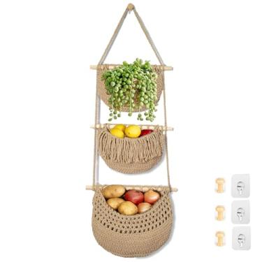 Imagem de Cestas de frutas penduradas em 3 camadas para cozinha, corda de algodão boho tecida à mão, rede de vegetais, armazenamento de produtos na parede, grande cesta organizadora para decoração de fazenda