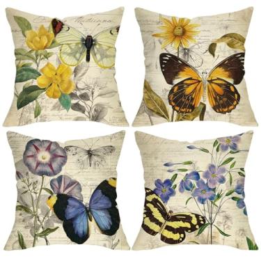 Imagem de Fjfz Capa de almofada decorativa floral primavera verão borboleta 45 x 45 conjunto de 4, flor vintage girassol glória da manhã alpendre decoração de casa ao ar livre, capa de almofada de sofá de