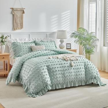 Imagem de Conjunto de capa de edredom com babados e bolinhas adornadas, tamanho solteiro, 3 peças, vintage, fazenda, chique, com fecho de zíper, conjunto de cama boêmio jacquard luxuoso para crianças (verde