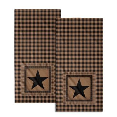 Imagem de Toalhas de mão vintage Western Texas Star para banheiro, conjunto de 2, primitivo preto marrom decorativo Buffalo xadrez casa de fazenda pequena toalha de banho prato de cozinha toalha de hóspedes