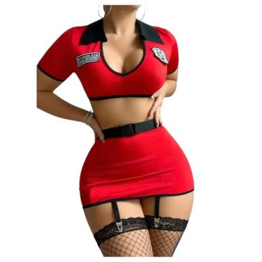 Imagem de RoseSeek Conjunto de fantasia feminina de 6 peças, gola V, colar, liga, lingerie, roupa de dormir, vermelho puro, GG
