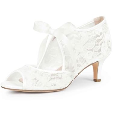 Imagem de Perphy Sandália feminina de salto agulha de renda com cadarço Peep Toe, Branco, 40
