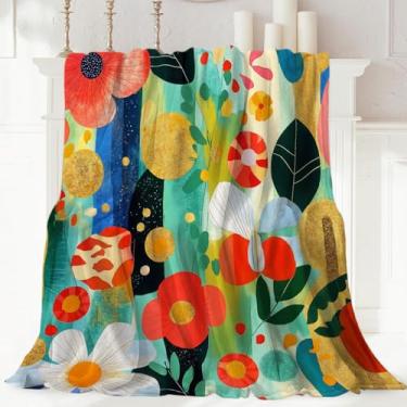 Imagem de Cobertores florais coloridos boho, arte abstrata, planta, folha, flanela, quente, macio, macio, fofo, cobertor de sofá para cama, manta floral colorida para decoração do quarto e do quarto, 127 x 152