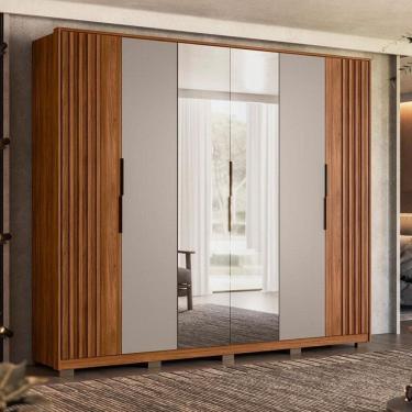 Imagem de Guarda Roupa Casal Ripado Atrice Ambiente 6 Portas Nogueira Nude Prime TX com Espelho e Pés Demóbile – Demartêz