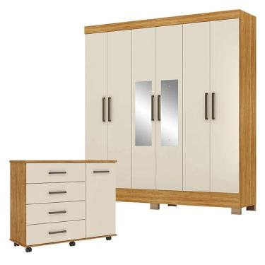 Imagem de Cômoda Flora e Guarda Roupa Casal Prático Cinamon Touch Off White com Espelho - Demóbile