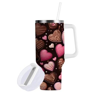 Imagem de ATTX Copo de coração de chocolate de 850 g com alça - Caneca de viagem de aço inoxidável isolada a vácuo, xícara de café à prova de vazamento com canudo #288