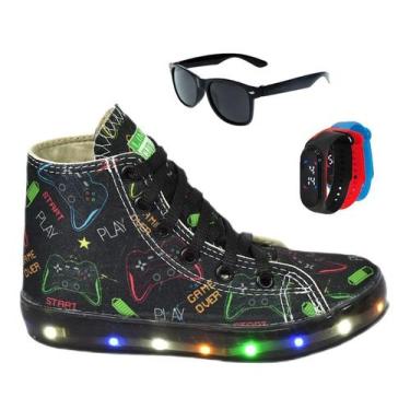 Imagem de Tênis Led Infantil Masculino Cano Alto Botinha Meninos Gamer Aranha +Ó