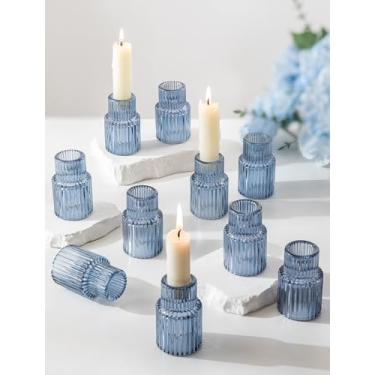 Imagem de Romadedi Castiçais de vidro para castiçal – 10 peças de castiçais azuis afunilados para decoração a granel para mesa de casamento, centro de mesa, suporte cônico com nervuras para festas de