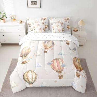 Imagem de Conjunto de edredom Queen com balões de ar quente, céu estrelado e nuvem, para meninos e meninas, pássaro guindaste branco (edredom + lençol de cima + 2 fronhas + 2 fronhas de travesseiro)