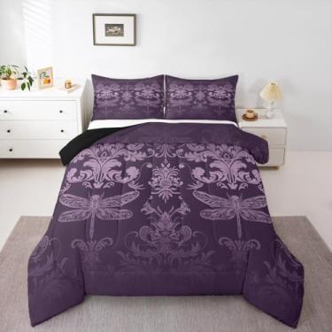 Imagem de Erosebridal Conjunto de cama Aesthetic Dragonfly Queen, damasco roxo, decoração barroca exótica, gótica, boêmio, vintage, floral