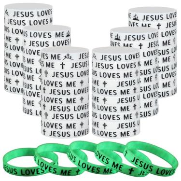 Imagem de PullCrease 100 pulseiras Jesus Loves Me que brilham no escuro, 10 estilos, pulseiras de silicone religiosas brancas com cruz cristã, presente para escola bíblica, igreja, grupo