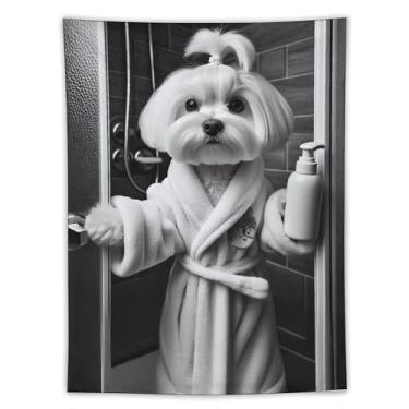 Imagem de Tapeçaria de roupão maltês preto branco cena de chuveiro bonito animal de estimação arte pendurar na parede decoração de casa de banho quarto ambiente alegre tapeçaria 152 x 203 cm