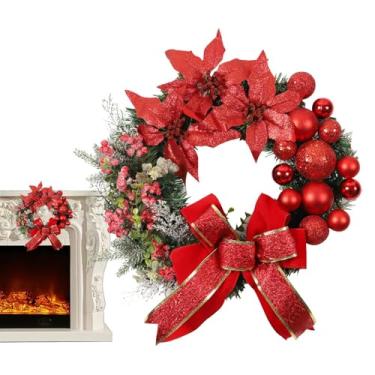 Imagem de Guirlanda de Natal para porta da frente, Guirlanda de bola de Natal,Red Berry Clusters Grinalda Decorações de porta de inverno | Guirlanda de férias de flores de poinsétia com enfeites de bola para de